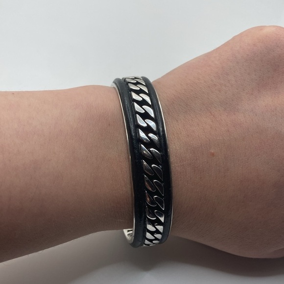 Effy Sterling Curb Link Open Cuff Leather Trim Cuff Bracelet 6” + 1” Gap / 40g - Picture 4 of 10